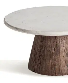 Estila Luxusní mramorový kulatý konferenční stolek Colton s bílou deskou s šedou kresbou kamene a masivní hnědou nohou 80 cm
