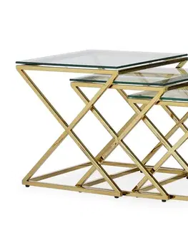 Estila Art deco set tří skleněných příručních stolků Brilia s kovovou konstrukcí lesklé zlaté barvy