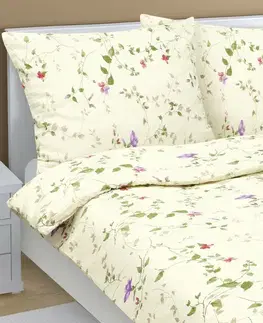 Bellatex Krepové povlečení Fialky smetanová, 140 x 200 cm, 70 x 90 cm