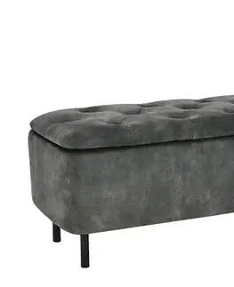 Estila Moderní lavice Eliana s chesterfield prošíváním na sedadle a úložným prostorem se sametovým šedozeleným potahem 120 cm