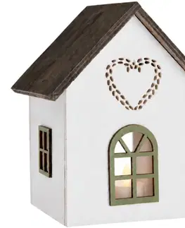 Dřevěný svícen Domek se srdíčkem LED, 15 cm, hnědá