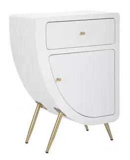 Estila Art deco atypický bílý noční stolek Anila s jedním šuplíkem a jedněmi dvířky se zlatými kovovými detaily 79 cm