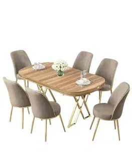 Dining Table & Chairs Set (7 Pieces) Lai - Light Walnut, Gold, Cappuccino