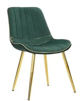 Estila Art deco čalouněná prošívaná smaragdová jídelní židle Asen se zlatými kovovými nožičkami 79 cm