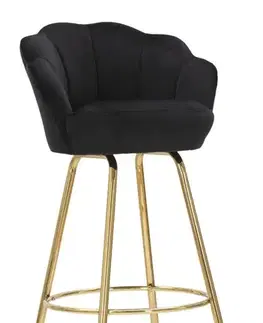 Estila Art deco černá barová židle Florencie s tvarovaným opěradlem a zlatými kovovými nožičkami 110 cm
