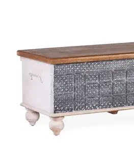 Estila Orientální konferenční stolek s truhlicí Keralia se šedomodrým reliéfním zdobením 88cm