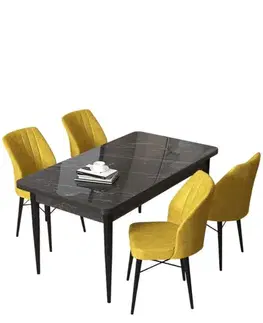 Dining Table & Chairs Set (5 Pieces) Arp - Black Marble, Mustard