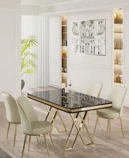 Dining Table & Chairs Set (5 Pieces) Vals - Black Marble, Gold, Cream