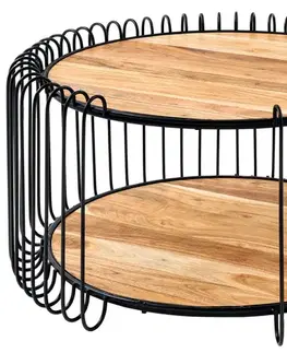 Estila Designový industriální kulatý masivní hnědý konferenční stolek Ameras s kovovou černou konstrukcí a poličkou 73 cm