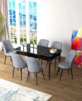 Extendable Dining Table & Chairs Set (7 Pieces) Zen - Black Marble, Grey