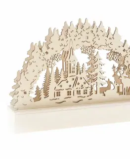 Vánoční dřevěná LED dekorace Jeleni a kostelík hnědá, 22 x 15 x 5 cm