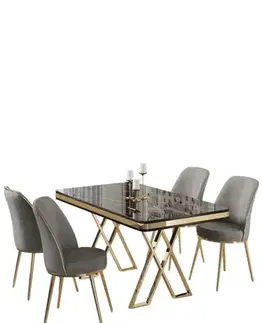 Dining Table & Chairs Set (5 Pieces) Vals - Black Marble, Gold, Grey