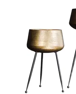 Estila Art deco sada dvou kulatých bronzových kovových květináčů Orbit na vysokých černých nožičkách s kulovitým zakončením 63 cm