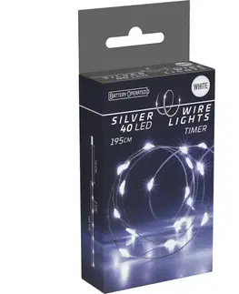 Světelný drát Silver, 2m, 40 LED, studená bílá, časovač, na baterie