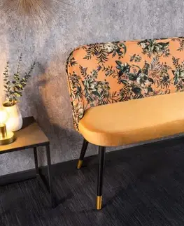 Estila Art-deco stylová lavice Floreque do předsíně se sametovým žlutým potahem s květinovým vzorem 130cm