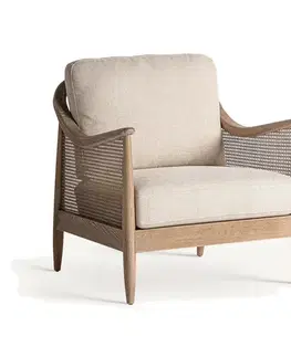 Estila Luxusní retro čalouněné béžové křeslo Milonisa s dřevěnou hnědou konstrukcí a ratanovým vídeňským výpetem 86 cm