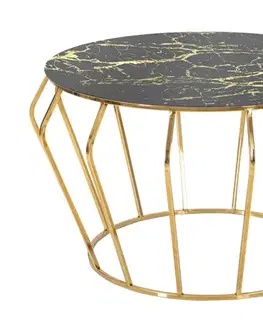 Estila Art deco kulatý kovový zlatý konferenční stolek Mino s vrchní skleněnou deskou s černým mramorovým designem 78 cm