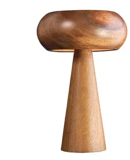 Estila Designová kulatá masivní stolní lampa Fungi z akáciového dřeva v hnědé barvě s oblým stínítkem a kuželovou podstavou 37 cm
