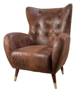 Estila Stylové art deco kožené ušákové křeslo Bolte s čalouněním a prošívaným potahem v hnědé barvě se zlatými detaily 106 cm