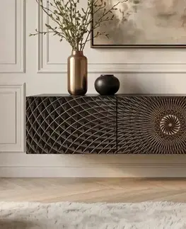 Estila Moderní etno závěsný TV stolek Astrid v černé barvě se třemi dvířky se zlatým 3D reliéfem mandaly 160 cm