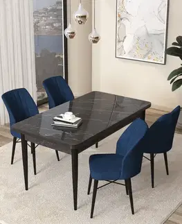 Dining Table & Chairs Set (5 Pieces) Arp - Black Marble, Navy Blue