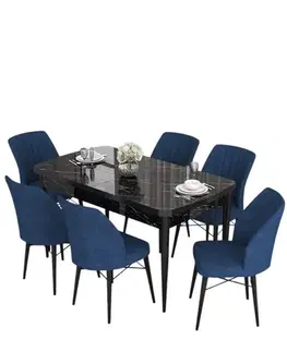Extendable Dining Table & Chairs Set (7 Pieces) Eva - Black Marble, Navy Blue