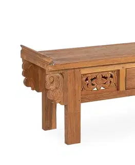 Estila Ručně vyřezávaná ornamentální lavice Talia se čtyřmi nožičkami z exoticky působícího dřeva v koloniálním stylu 120cm