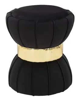 Estila Designová art deco čalouněná černá taburetka Glamia Tapisé se zlatým prvkem a ozdobným prošíváním 40 cm