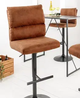 Estila Industriální designová barová výškově nastavitelná židle Kelsy v teplé hnědé barvě se sametovým potahem 100-121 cm