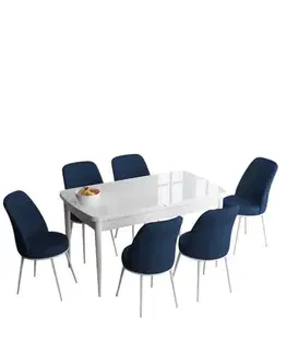 Extendable Dining Table & Chairs Set (7 Pieces) Han - White, Navy Blue