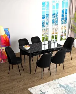Extendable Dining Table & Chairs Set (7 Pieces) Han - Black Marble, Black