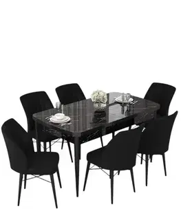 Extendable Dining Table & Chairs Set (7 Pieces) Nef - Black Marble, Black