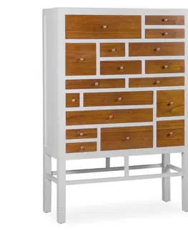 Estila Designová ručně vyráběná masivní komoda Javier s bílou konstrukcí a hnědými šuplíky v koloniálním stylu 145cm