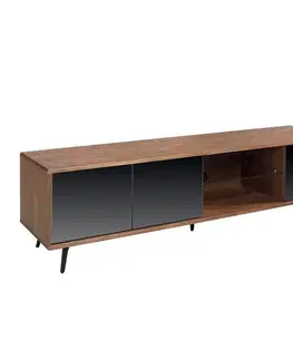 Estila Luxusní moderní TV stolek Forma Moderna v ořechové hnědé barvě s jednou policí třemi dvířky z černého skla 180 cm