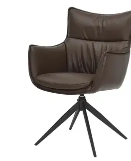 Estila Moderní industriální jídelní židle Krespa s otočným sedadlem a hnědým potahem z ekokůže s černou kovovou nohou 60 cm