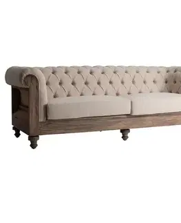 Estila Luxusní vintage sedačka Gretchen se světlou hnědou dřevěnou konstrukcí a béžovým čalouněním v chesterfield stylu 238 cm