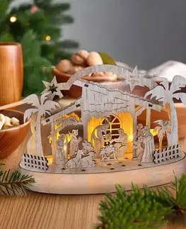 Solight Vánoční dřevěný podsvícený betlém, 5x LED, 25 cm, 2x AA