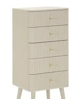 Estila Art deco vysoká béžová komoda Shelly s pěti zásuvkami se zlatými úchyty a žebrovaným reliéfním zdobením 89 cm