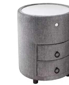 Estila Art deco designový noční stolek Aluro se dvěma šuplíky s šedým sametovým potahem a kulatou bílou deskou s podvícením 55 cm