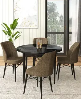 Dining Table & Chairs Set (5 Pieces) Rox - Black Marble, Brown