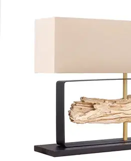 Estila Designová moderní stolní lampa Rousilique s béžovým stínítkem a černou kovovou podstavou s prvkem z naplaveného dřeva 62 cm