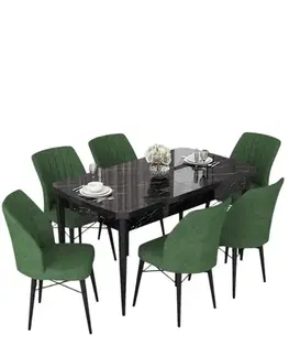 Extendable Dining Table & Chairs Set (7 Pieces) Nef - Black Marble, Khaki