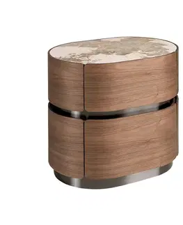 Estila Luxusní art deco oválný ořechově hnědý noční stolek Vita Naturale se dvěma šuplíky a bílým mramotem s šedou kresbou 58 cm