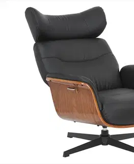 Estila Designové moderní otočné křeslo Papello s černým koženým potahem a hnědým topolovým obkladem s polohovatelnou opěrkou 76 cm