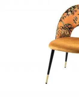 Estila Čalouněná art deco židle Floreque ve zlato-žluté barvě s tropickým vzorem a černými nožičkami 83cm