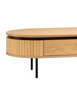 Estila Moderní art deco oválný konferenční stolek Maderia se dvěma šuplíky a lamelovým reliéfem v dubové hnědé barvě 120 cm
