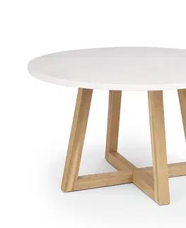 Estila Luxusní moderní kulatý jídelní stůl Zoia s bílou vrchní deskou z mikrocementu a hnědou dřevěnou podstavou 140 cm