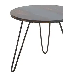 Estila Designový industriální kulatý konferenční stolek Selvaggio s masivní vrchní deskou z akácie v tmavě hnědé barvě 50 cm