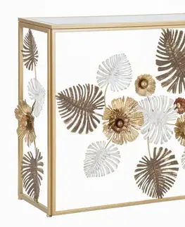 Estila Designový glamour zlatý kovový konzolový stolek Florel s květinovou výzdobou v odstínech hnědé a bílé 113 cm