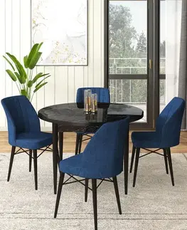 Dining Table & Chairs Set (5 Pieces) Rox - Black Marble, Navy Blue